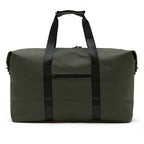 An olive green duffel bag with black handles and a black front zippered pocket, shown against a plain white background.
