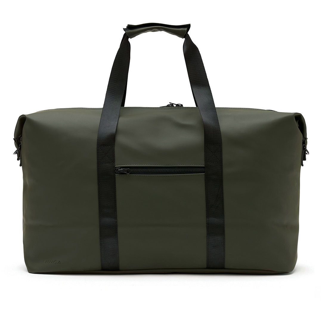 An olive green duffel bag with black handles and a black front zippered pocket, shown against a plain white background.